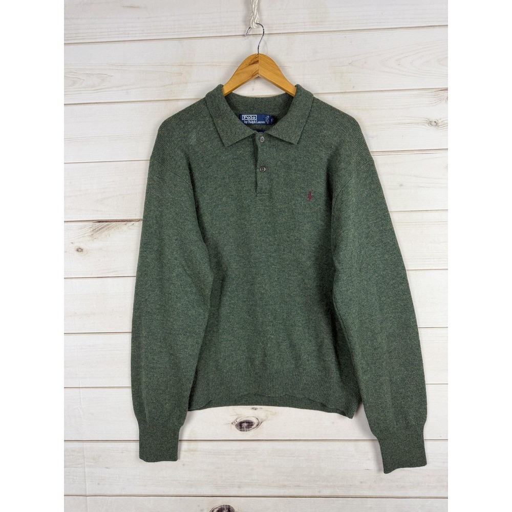 Polo Ralph Lauren Sweater Mens 2XL Green Lambswool Polo Collar Pullover Knit